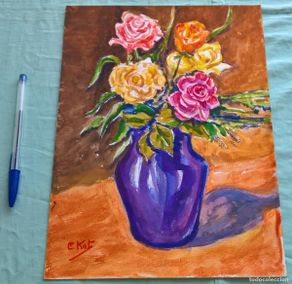 Arte: Acuarela Flores en Jarron Morado..22 x 31,50 ctms